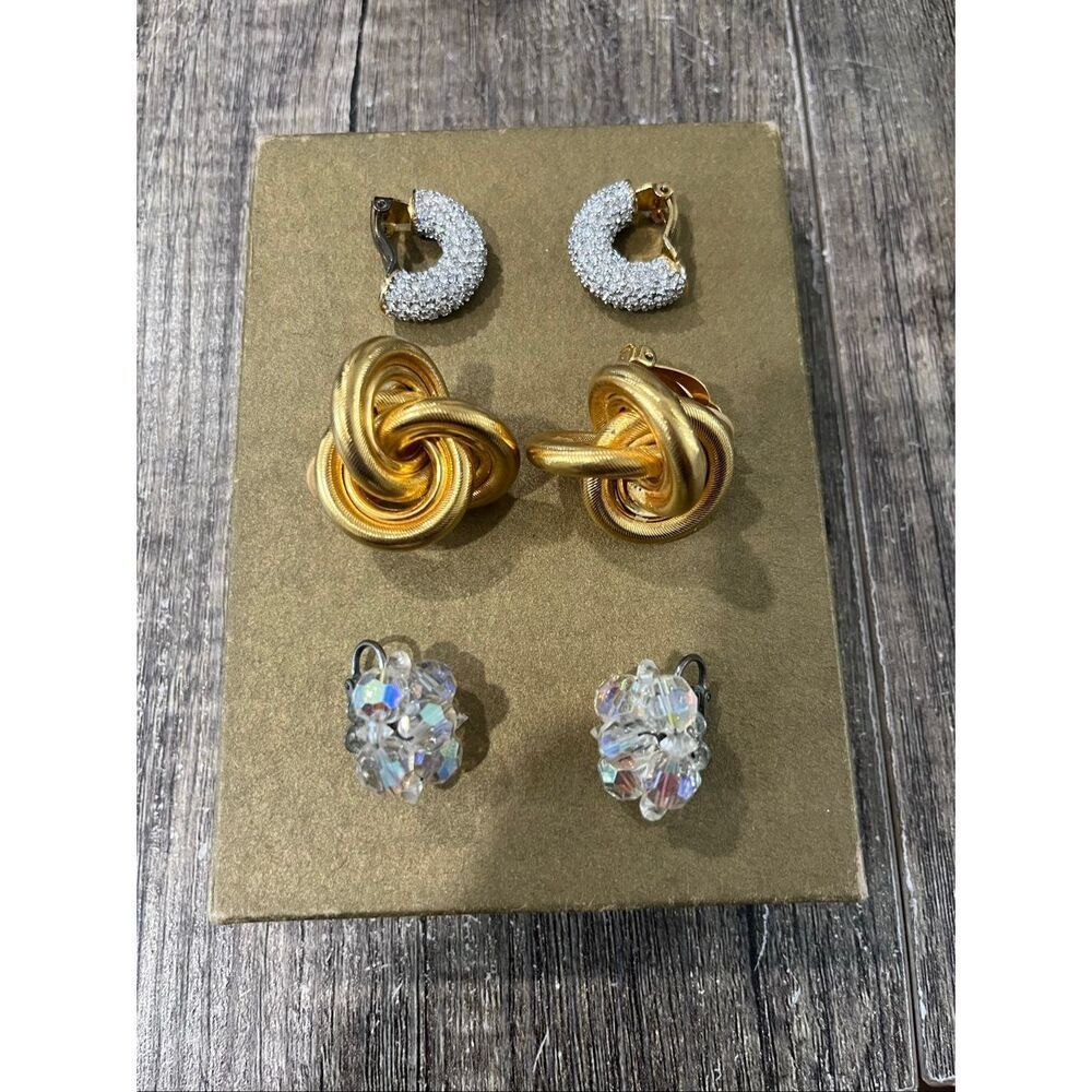 Lot of 3 Vintage Clip-On Earrings Gold Tone Knot Rhinestone & Aurora Borealis Be